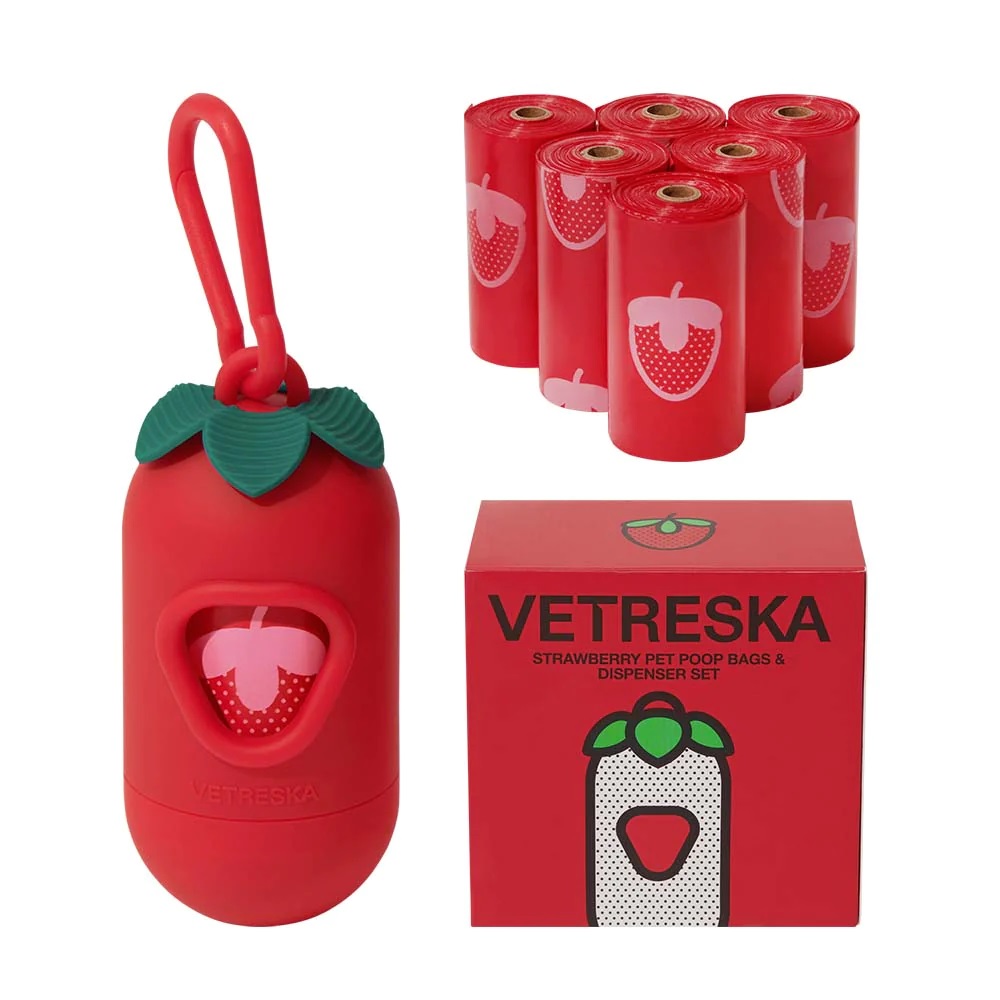Vetreska Strawberry Pet Poop Bags & Dispenser Set (1 Dispenser + 7 Rolls)