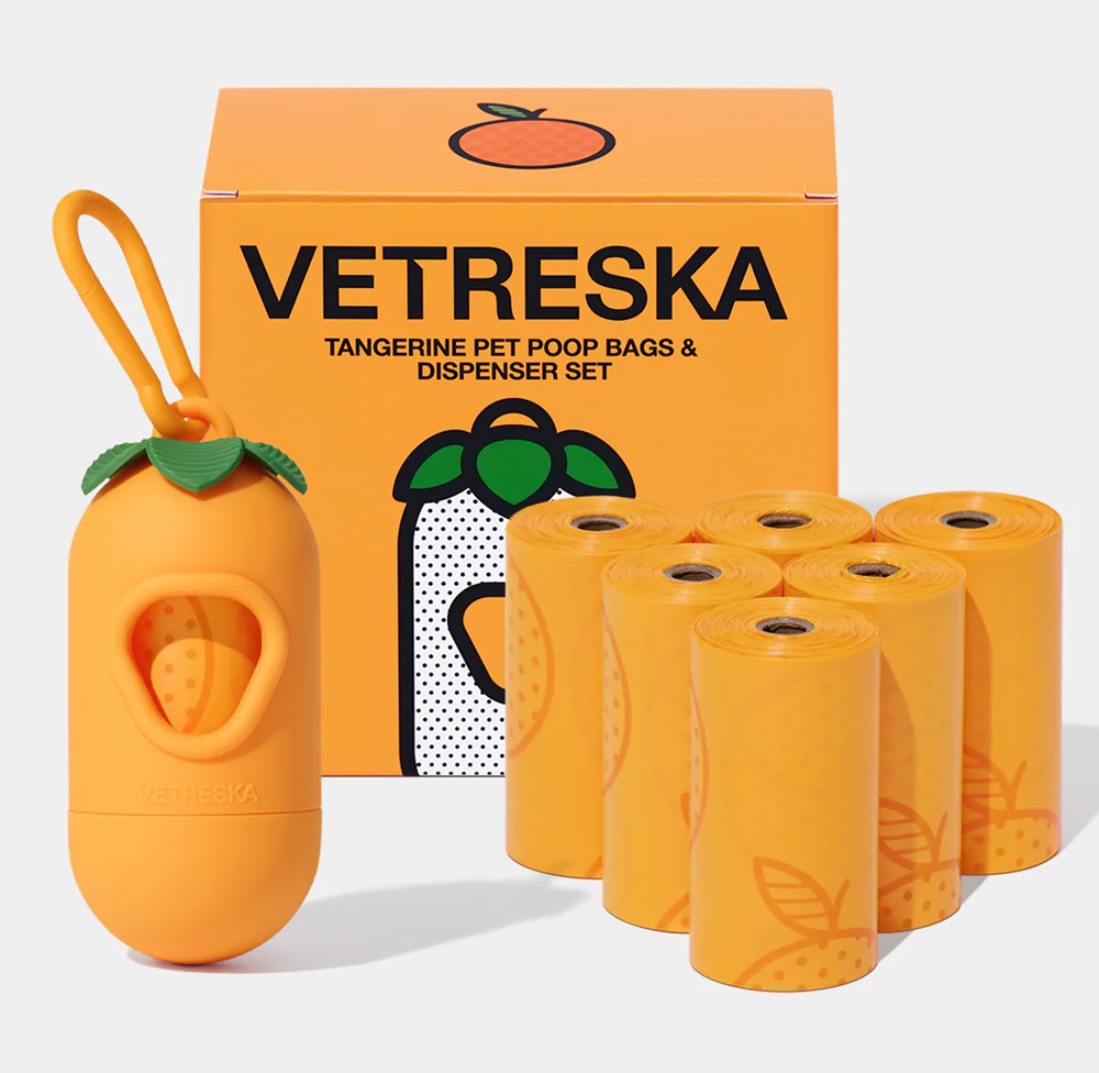 Vetreska Tangerine Pet Poop Bags And Dispenser Set (1 Dispenser + 7 Rolls)